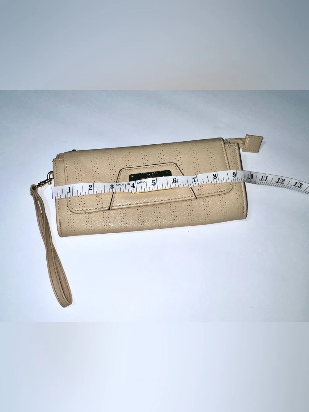 Franco Sarto Cream Wristlet Wallet Zip Logo Strap Roomy